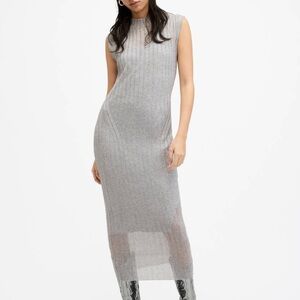 All Saints Patrice Sheer Midi Dress Silver Metallic Gray